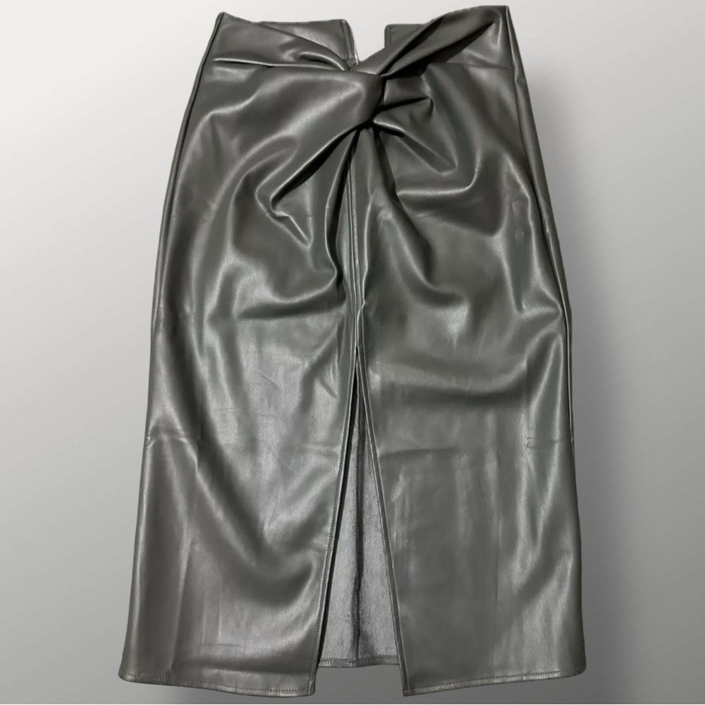 Kirious Faux Leather Midi Skirt Sz Large Olive Green Knot Front Slit High Waist